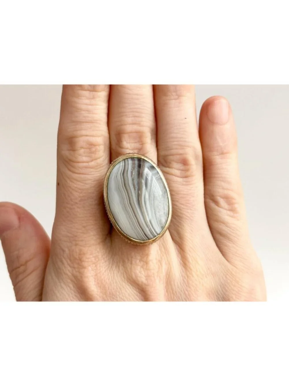 Grey Banded Agate Polished Cabochon Sterling Silver 925 Vintage Ring - sz 8